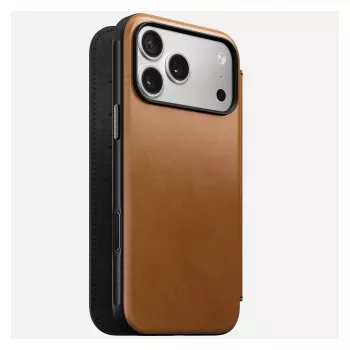 Nomad Modern Leather Folio dėklas iPhone 17 Pro Max — Tan (oda, iki 17,5 cm ekrano, 4 kortelių kišenės)