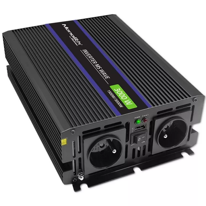 QOLTEC Monolith 3000 MS Wave keitiklis, 12V→230V, 1500/3000W, su USB