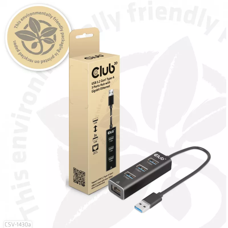 USB 3.2 Gen1 3 prievadų USB-A šakotuvas su Gigabit Ethernet – CLUB3D CSV-1430a