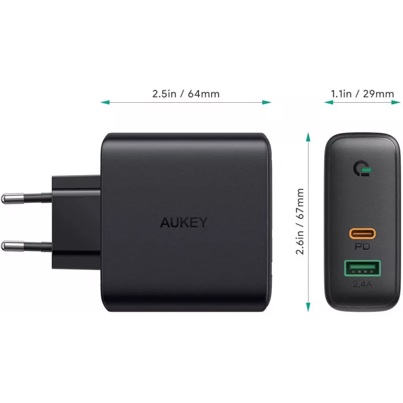 Sieninis įkroviklis Aukey PA-D3 2xUSB (1xUSB + 1xUSB C) Power Delivery 60W 5.4A