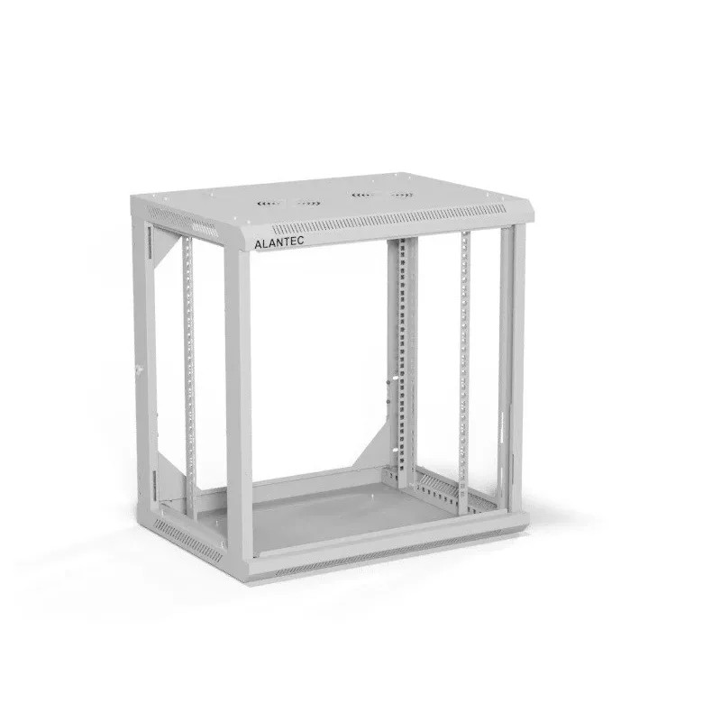 Sieninis 19 colių spintos korpusas Alantec 12U 600x450 mm, stiklinės durys, nuimami galiniai ir šoniniai dangteliai, užrakinamas, 4 montavimo bėgeliai, pilkas, plokščioje pakuotėje