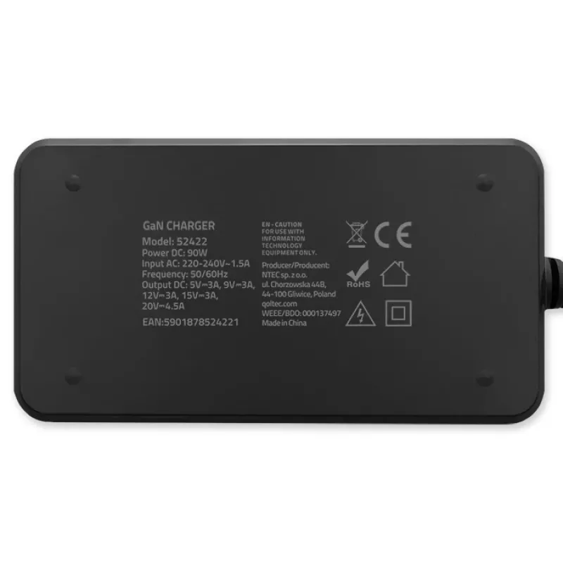 Qoltec 90W GaN Super Fast SLIM sieninis įkroviklis | XP | 5-20V | 4,5A | USB-C 3.1 | Nešiojamam kompiuteriui | MacBook | Išmaniajam telefonui | + laidas