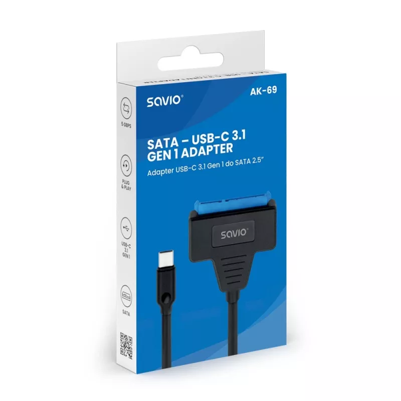 SAVIO AK-69 SATA į USB-C adapterio laidas, SATA moteriška į USB-C vyrišką, USB 3.2 Gen 1 (5 Gbit/s), 0,25 m, juoda