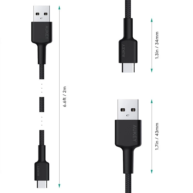USB-C į USB-A laidas Aukey CB-CA2, nailono pintas, Quick Charge 3A, 1 m