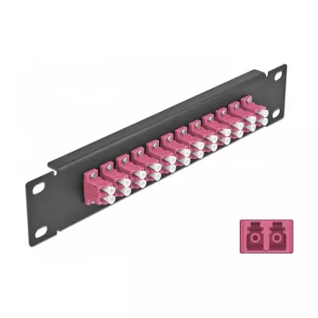 Skaidulinės optikos skirstomasis skydelis DeLOCK 10 colių 12 prievadų LC Duplex violetinis 1U juodas