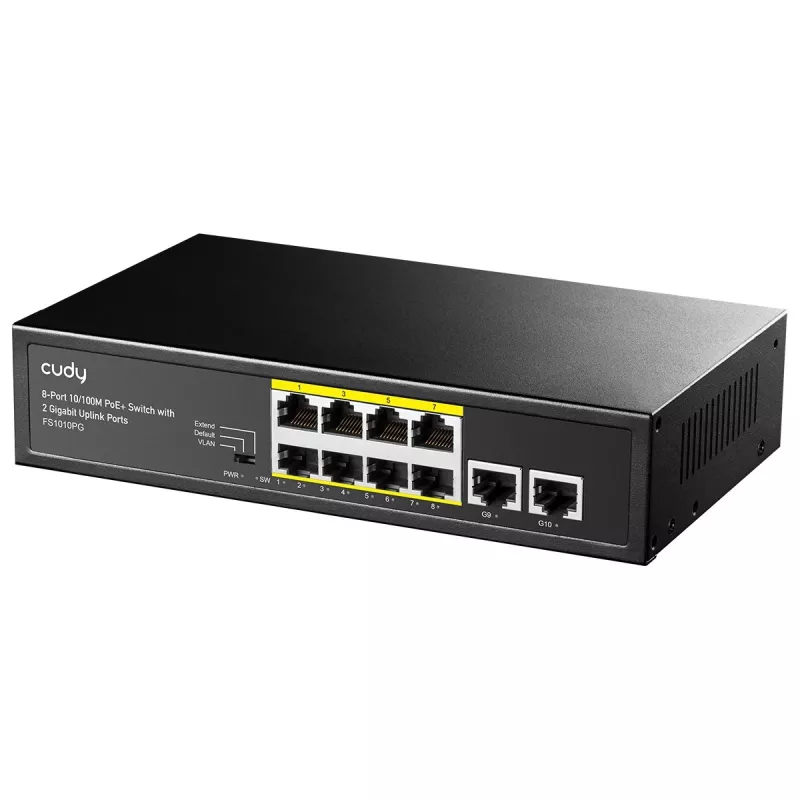 Tinklo jungiklis Cudy FS1010PG — 10/100 Mbps, 8 PoE prievadai, 2 uplink, 120 W PoE biudžetas, metalinis korpusas
