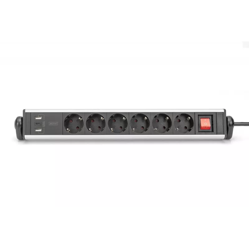 DIGITUS 6-ių lizdų biuro ilgintuvas su 3 USB prievadais, 1,5 m kabelis