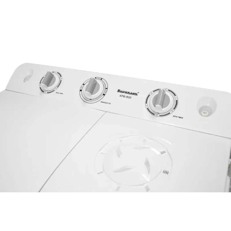 Pusiau automatinė skalbimo mašina Ravanson XPB-800 — 7,5 kg, 1400 aps./min., viršutinis pakrovimas, balta