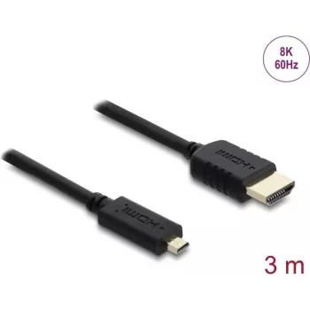 HDMI laidas DELOCK 81692 — 3 m, HDMI A tipo (standartinis) į HDMI D tipo (mikro), 48 Gbit/s, iki 7680×4320, auksuoti kontaktai, juodas