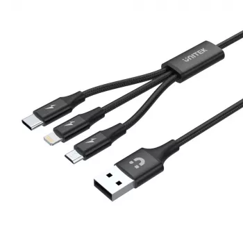 USB kabelis Unitek C14049BK — USB-C į Micro-USB B/Lightning, USB 2.0, 1,2 m, juodas