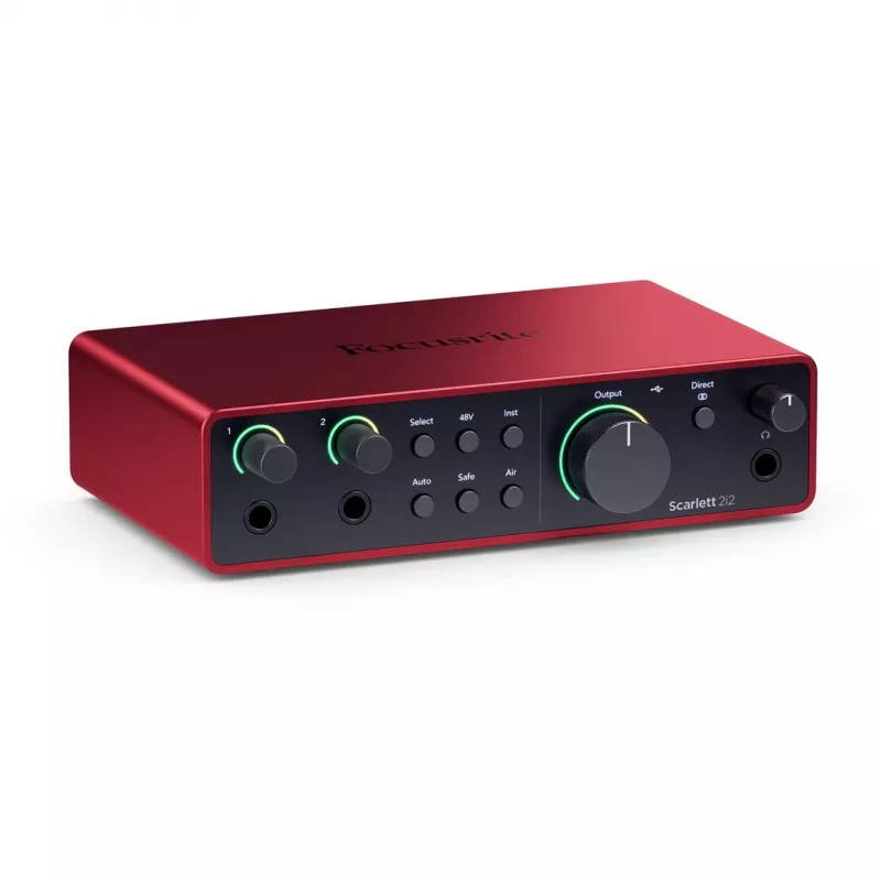 Audio sąsaja Focusrite Scarlett 2i2 4th Gen – 2 įėjimai / 2 išėjimai USB-C, 24 bitai / 192 kHz, 69 dB stiprintuvai, stalinė, juoda/raudona