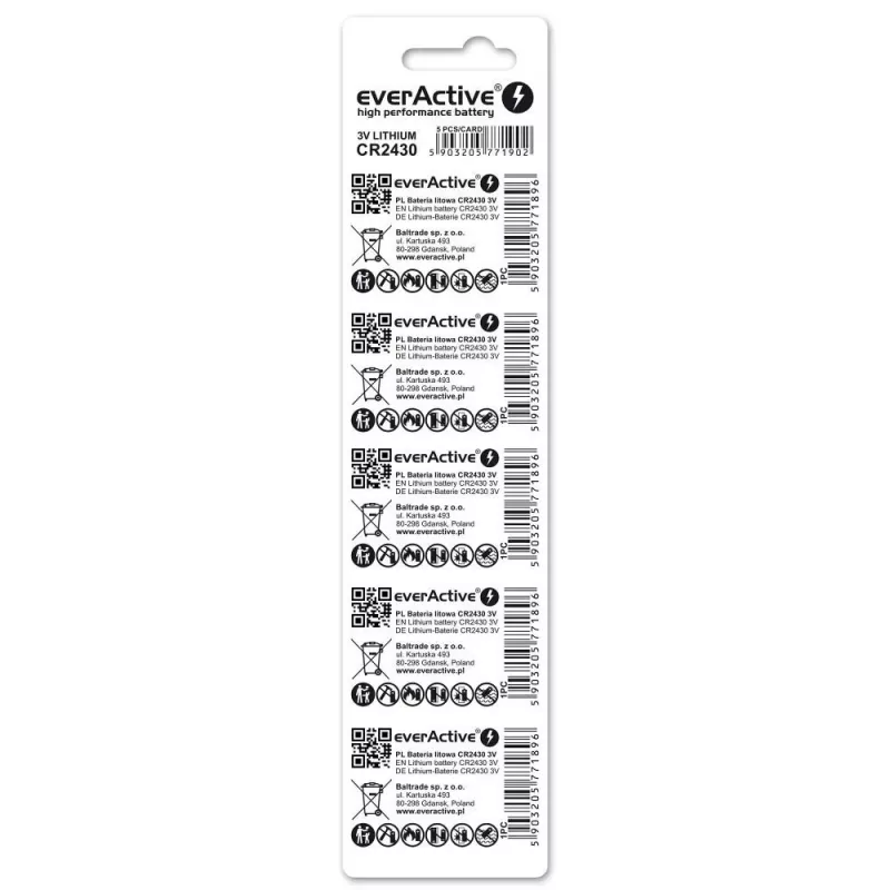 Butoninė baterija everActive CR2430 ličio 3 V, 24,5 mm × 3 mm, pakuotė po 5 vnt.