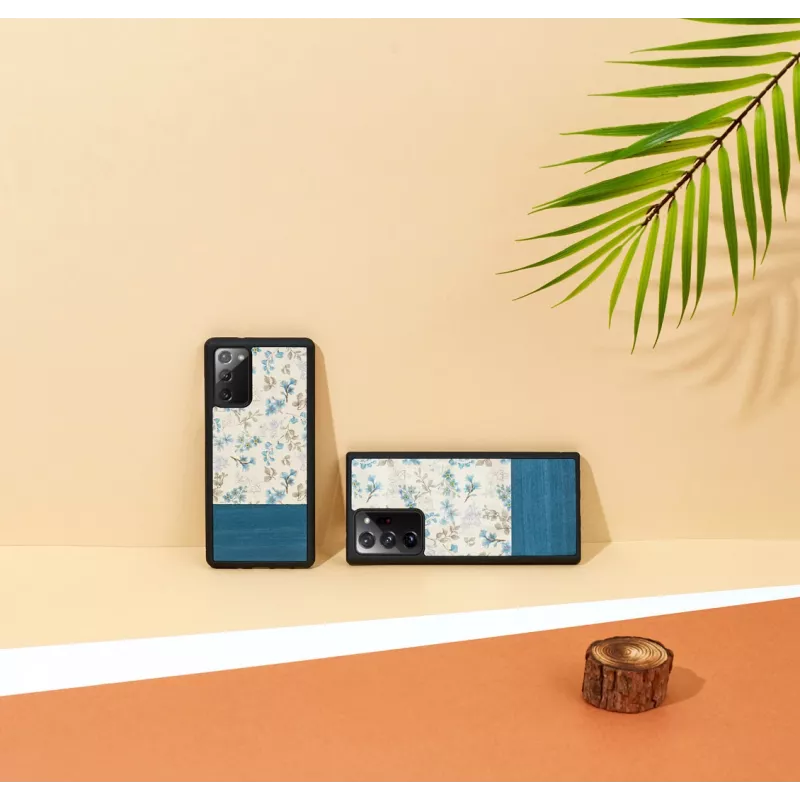 Korpusas Samsung Galaxy Note 20 Ultra iš medžio – mėlyna gėlė ant juodo