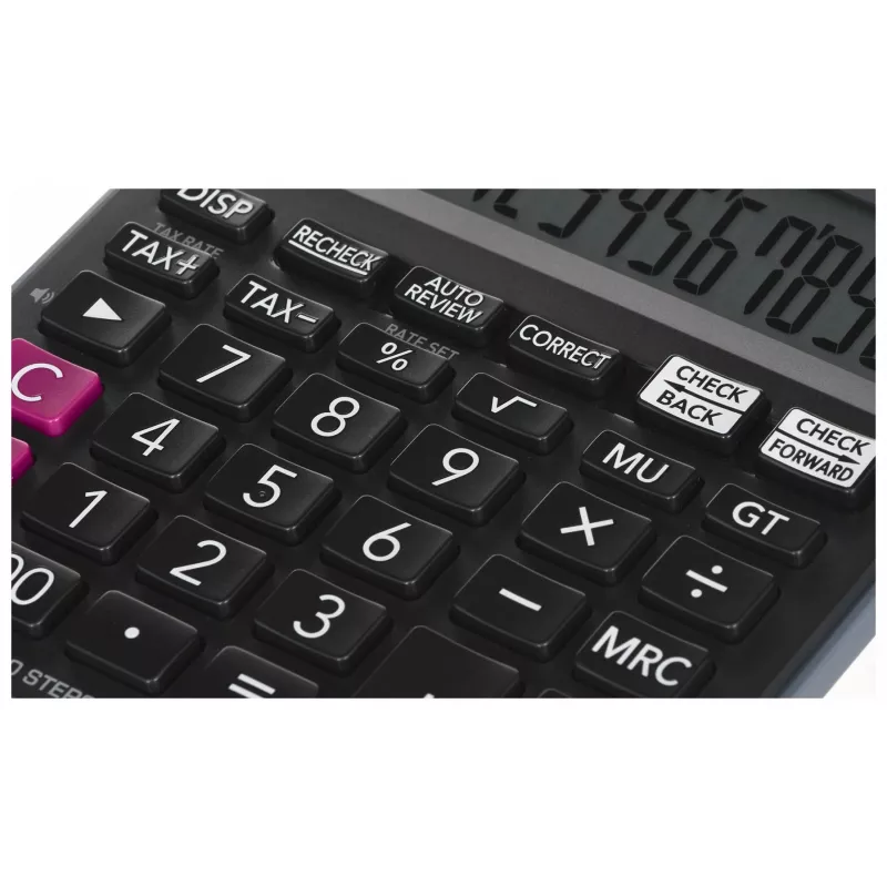 Stalinis skaičiuotuvas CASIO MJ-120D PLUS – pagrindinis, 12 skaitmenų, baterija/saulė, 35 klavišai, mokesčių ir kvadratinės šaknies funkcijos, juodas