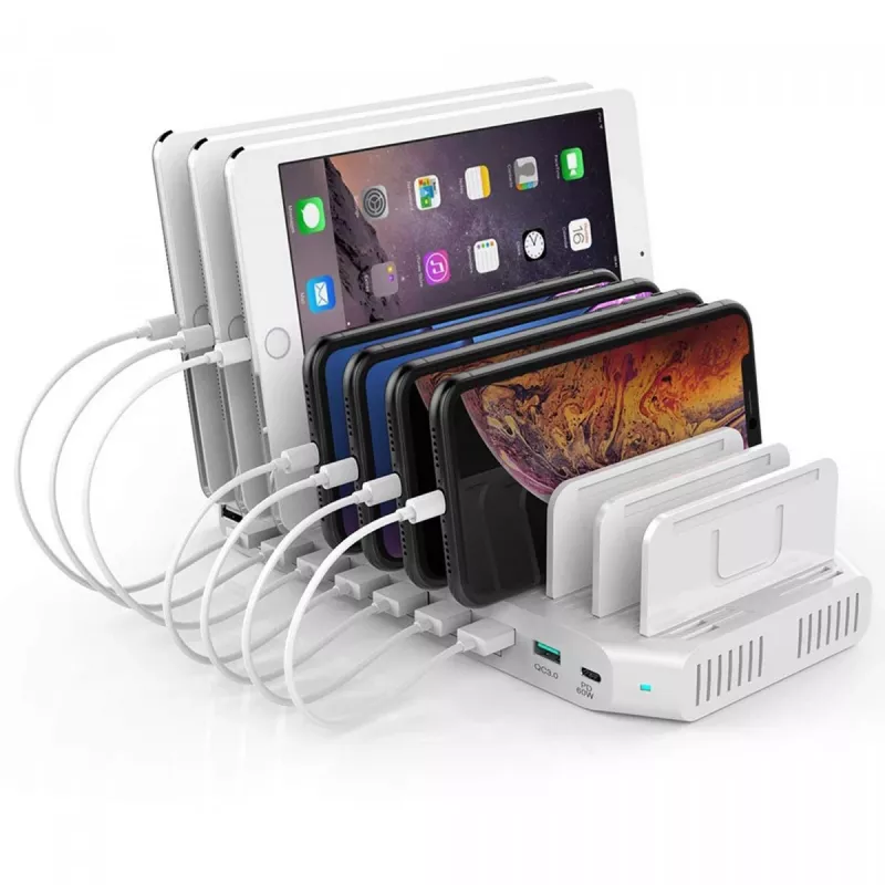 Įkrovimo stotelė Unitek Y-2190A — 10× USB prievadų (8×USB 2.0 + 2×USB 3.2 Gen1), belaidis įkrovimas, 96 W