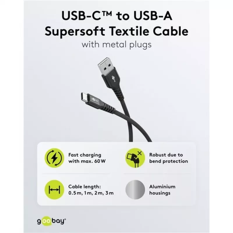 Goobay USB-C laidas Fabric Supersoft su metalinėmis jungtimis, 2 m, juodas (2m, USB 2.0, 60W)
