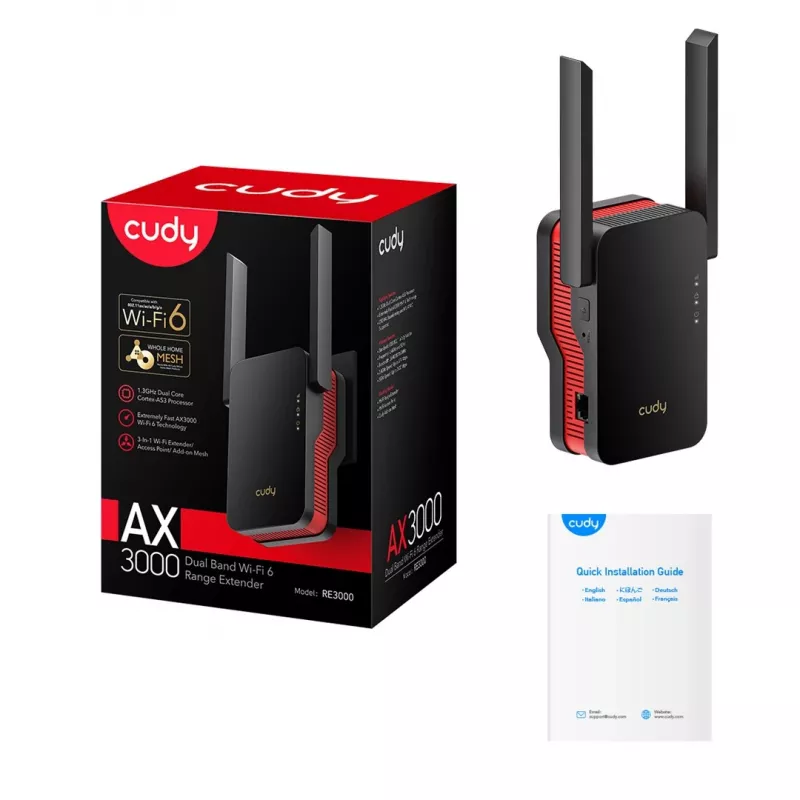 Wi‑Fi signalo stiprintuvas Cudy RE3000 2400–5000 MHz, 802.11ax/ac/n/g/b/a, Ethernet 100 Mbps, išorinė antena, juodas/raudonas