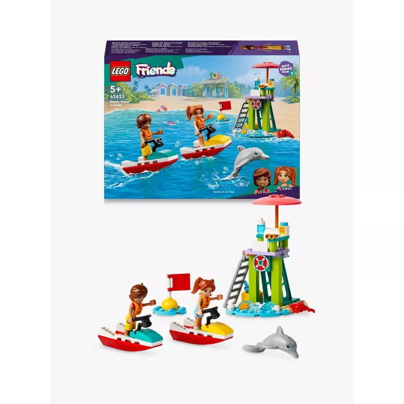 LEGO Friends paplūdimio vandens motorolerio gelbėtojų statybos rinkinys su 2 mini-lėlėmis ir delfino figūrėle, nuo 5 metų