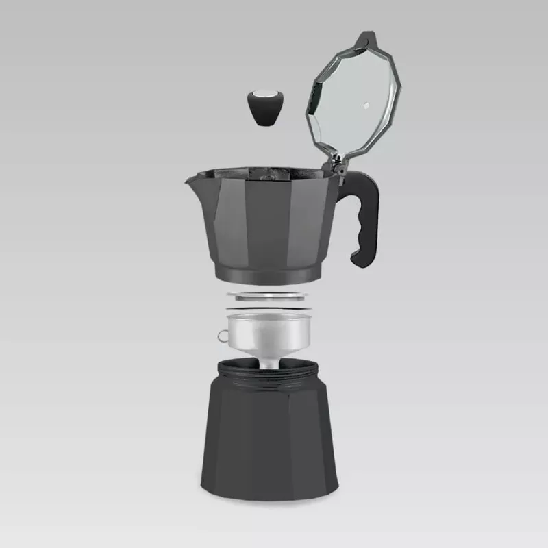 Moka puodas Maestro MR-1666-3-BLACK, rankinis 3 puodelių aliumininis kavos virimo aparatas, 150 ml, juodas