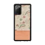 Korpusas Samsung Galaxy Note 20 su medžio nugara ir rožinės gėlės raštu juodame fone