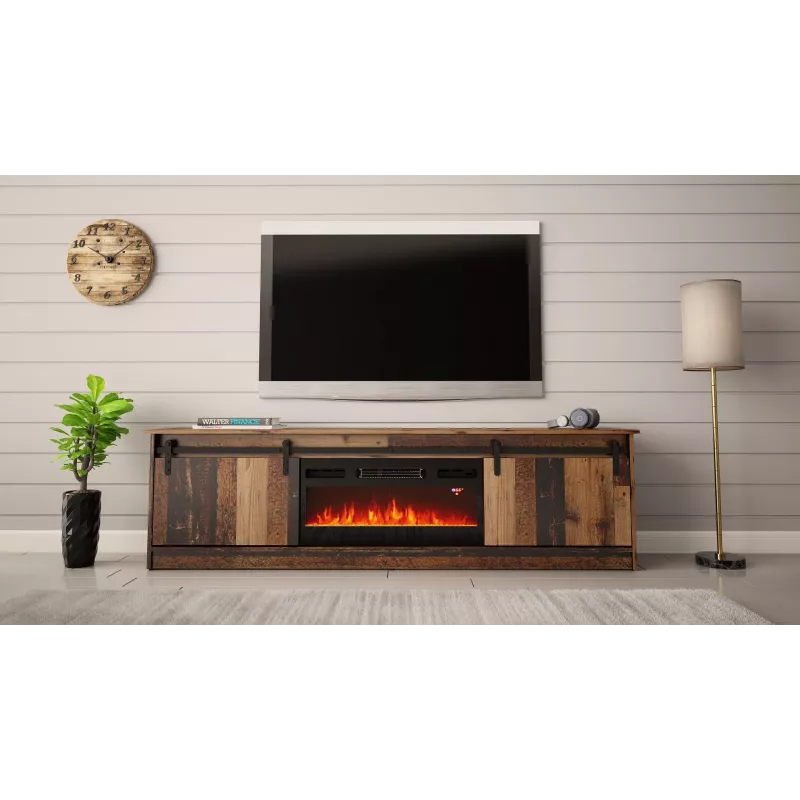 TV spintelė Cama Meble GRANERO su židinio sekcija, 2000×567×350 mm, medžio drožlių plokštė/MDF, stumdomos 2 durys, matinė sena mediena