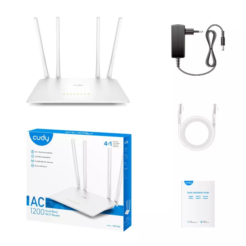 Stalininis maršrutizatorius Cudy WR1200 dviejų juostų Wi‑Fi 5 (802.11ac) 867 Mbit/s, 4x RJ‑45 LAN, baltas