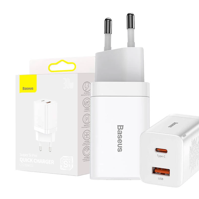 Baseus Super Si Pro greitasis įkroviklis USB + USB-C 30W (baltas)
