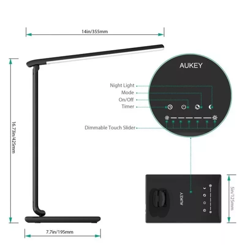 LED stalinė lempa Aukey LT-T10 12W 3000–6500K - reguliuojama spalvų temperatūra, juoda