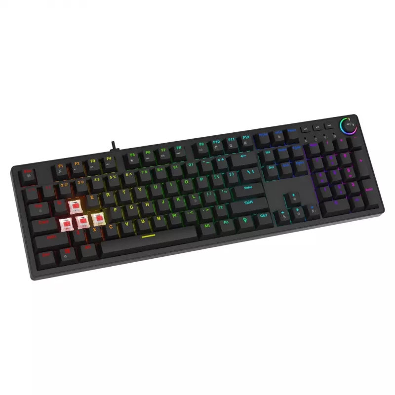 Žaidimų klaviatūra SAVIO STYX BROWN – mechaninė su Outemu Brown jungikliais, QZERTY US International, RGB, USB, pilno dydžio 104 klavišai, juoda