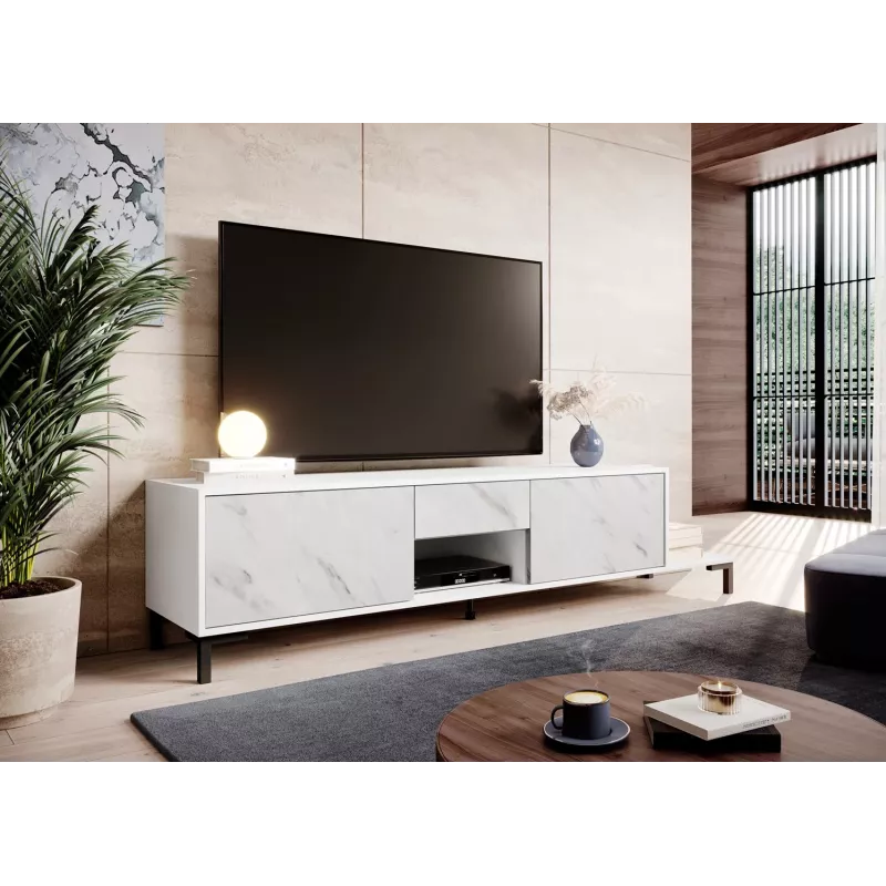 TV spintelė Cama Meble MARMO 2D1S1K, 195x40x47,5 cm, balta matinė/viršus marmuras baltas