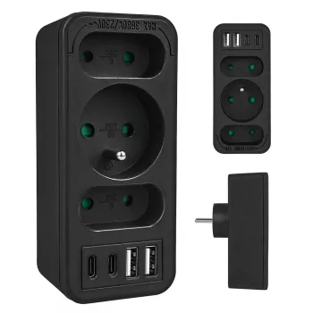 Maitinimo skirstytuvas MACLEAN MCE248 F/B – 3 AC lizdai (1x16A, 2x6A) ir 4 USB prievadai (2xUSB‑A, 2xUSB‑C PD 20W), EU kištukas, juodas