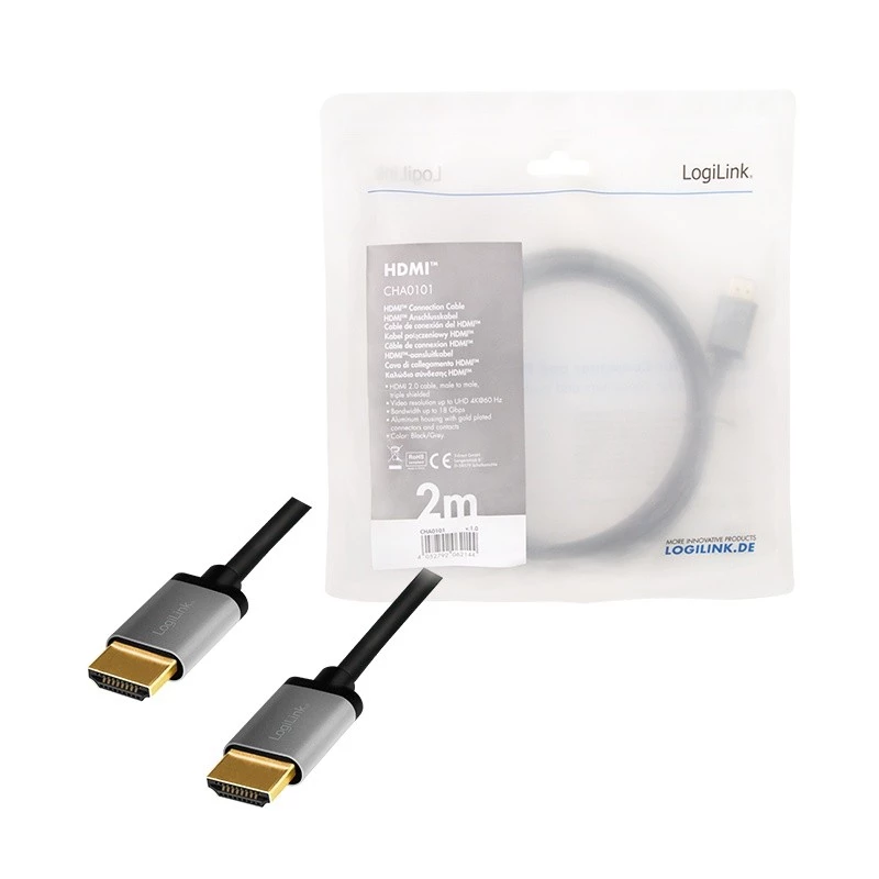 LogiLink CHA0101 HDMI AV laidas Juoda-pilka 2m HDMI į HDMI kištukai