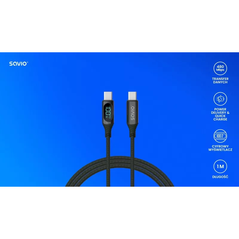 Savio USB-C – USB-C laidas CL-174 1 m juodas USB 3.2 Gen 1