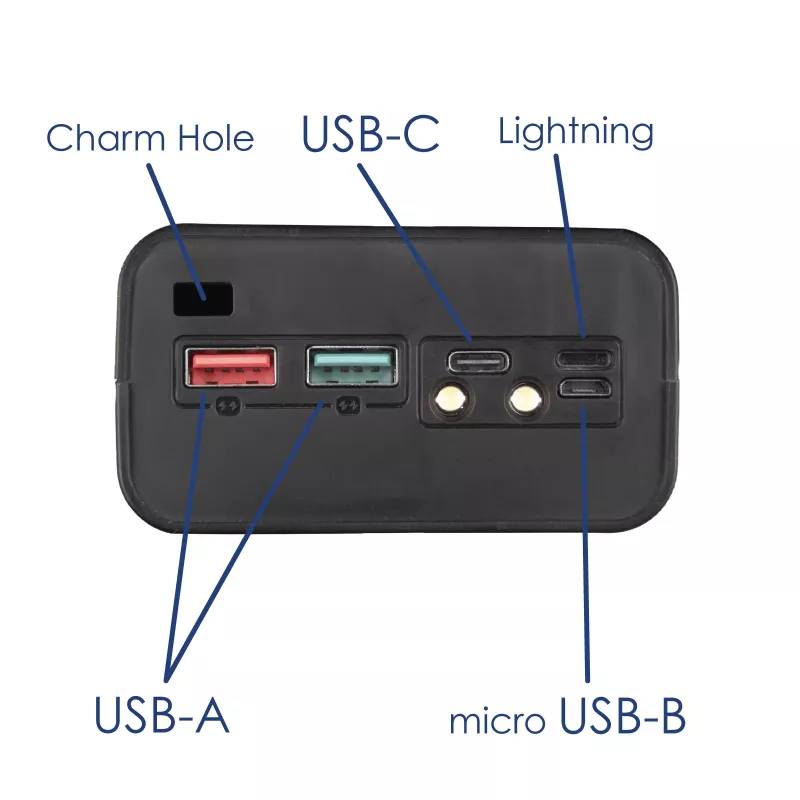 Akyga AK-BC-05 išorinės baterijos korpusas 12x 18650 Li-Ion elementams, 22,5 W, Qi 15 W, USB-C PD + 2x USB-A, LED žibintuvėlis, juodas