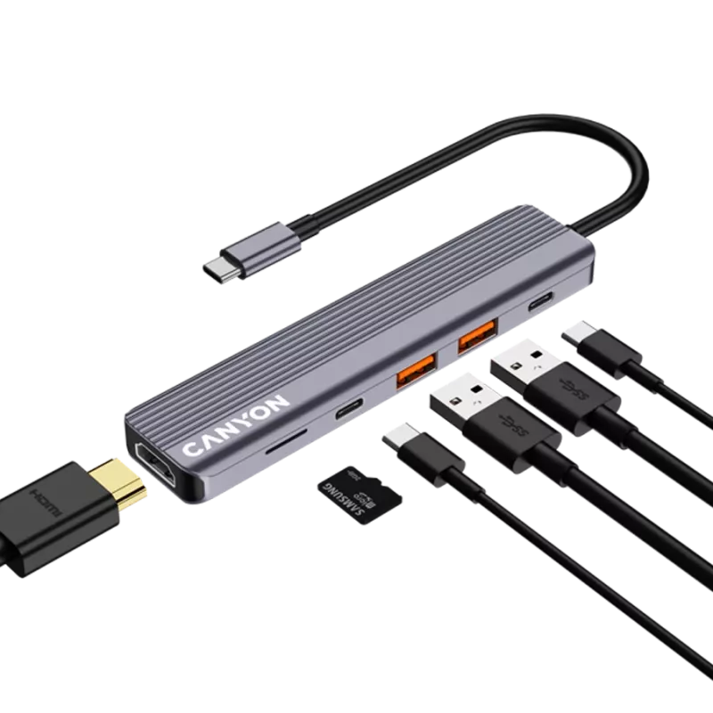 USB Type-C stotelė CANYON DS-17 – HDMI, USB 3.2 Gen 1 A, USB-C, MicroSD, 10000 Mbit/s, pilka