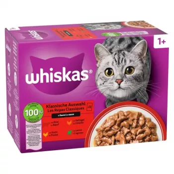 Šlapias kačių ėdalas maišelyje Whiskas asorti 80 x 85 g – paukštiena, ėriena, jautiena, vištiena