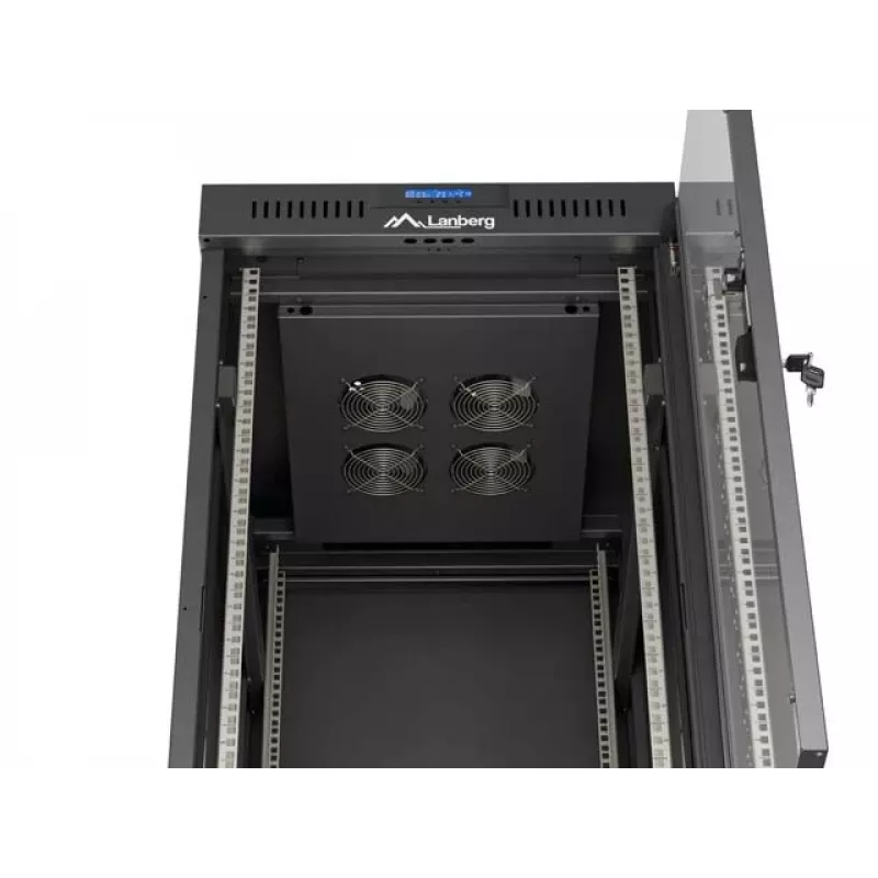 Tinklinis spintos stovas LANBERG 19 colių 24U 600x800 mm juodas su stiklo durelėmis ir LCD išpjova (Flat Pack) v2