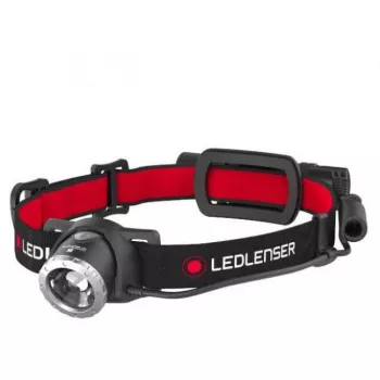 Ledlenser H8R juodai raudonas žibintuvėlis ant galvos