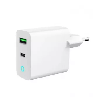 Sieninis įkroviklis GEMBIRD, Universalus, 1× USB Type-C 20W, 1× USB-A 3.0 QC 18W, LED indikatorius, Baltas