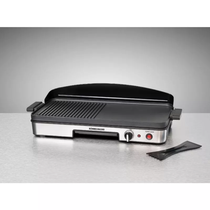 Elektrinis stalo grilis Rommelsbacher BBQ 2003 — 1900 W, 50×25 cm, briaunotas + Teppanyaki, reguliuojamas termostatas, sidabrinis/juodas