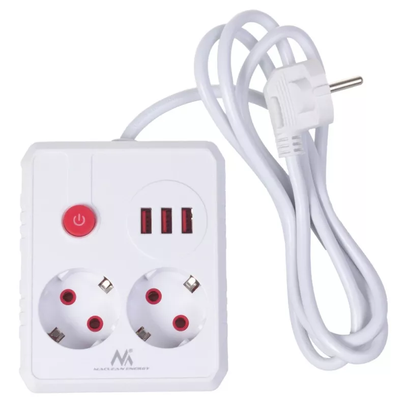 Maitinimo šynas MACLEAN MCE387 W — 2 kištukiniai lizdai, 3×USB A, 110–240V, 2500W, 1,5 m laidas, baltas