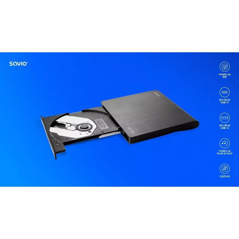 SAVIO AK-59 Išorinis plonas CD/DVD įrašytuvas R/RW - USB-C/USB-A, juodas
