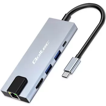 USB-C Hub QOLTEC 53795 5‑in‑1 su 100W PD, 2×USB-A, HDMI 4K, RJ45