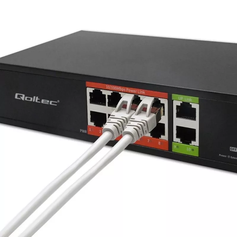 Tinklo jungiklis QOLTEC FAST Ethernet PoE 8xRJ45 su 2xRJ45 uplink (model 52290)