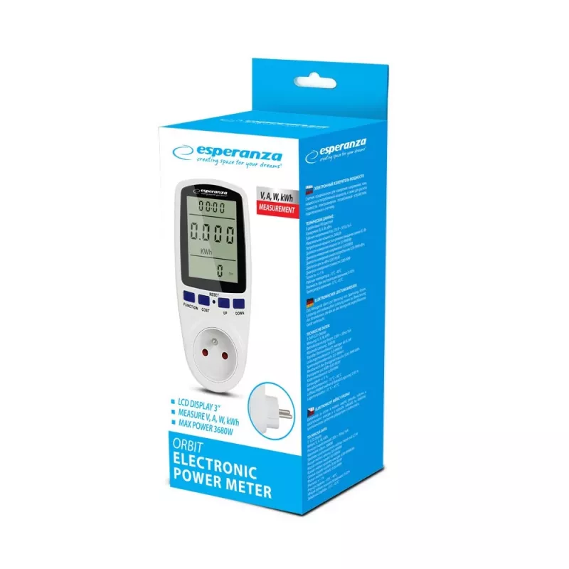 Energijos suvartojimo matuoklis ESPERANZA ELA103 su LCD ekranu – 16 A, 3680 W, 230 V, 50–60 Hz