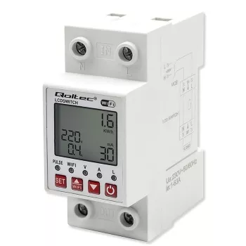 DIN-bėgio WiFi relė QOLTEC 50990, vieno kanalo, 63A perjungimas elektros apskaitai ir nuotoliniam valdymui