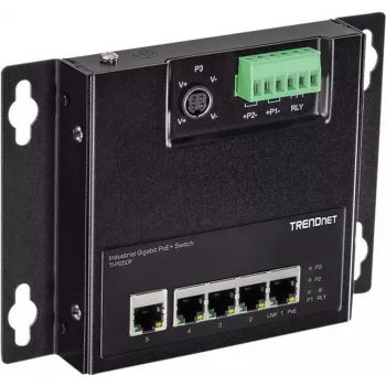 TRENDnet TI-PG50F – pramoninis nevaldomas jungiklis su 5 PoE+ prievadais, 120 W, montuojamas ant DIN bėgio arba sienos