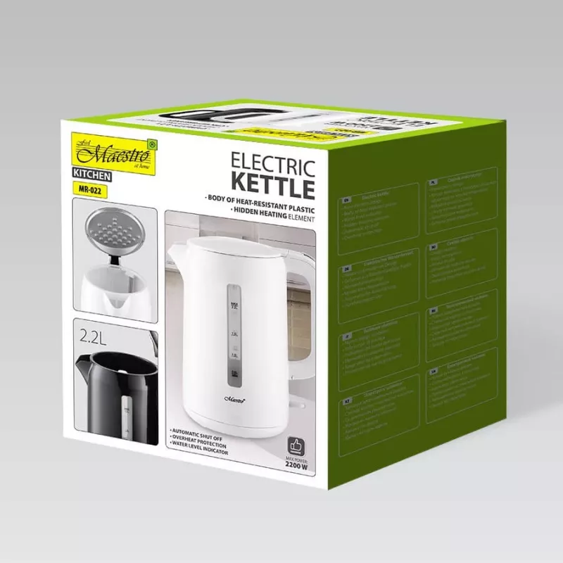 Elektrinis virdulys Maestro MR-022-WHITE, 2,2 L, 1850–2200 W, plastikinis korpusas, 360° pagrindas, apsauga nuo kalkių, vandens lygio indikatorius