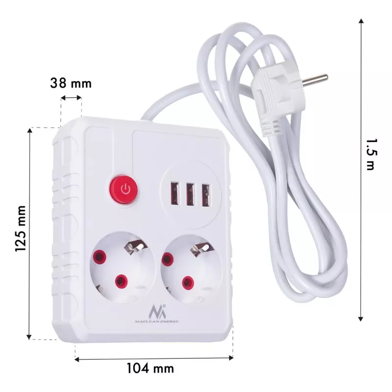 Maitinimo šynas MACLEAN MCE387 W — 2 kištukiniai lizdai, 3×USB A, 110–240V, 2500W, 1,5 m laidas, baltas