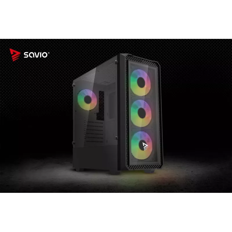 PC korpusas SAVIO Noctis Glass RGB — Juodas, ATX/Micro-ATX, 210×410×450 mm, 3×120 mm priekiniai ventiliatoriai